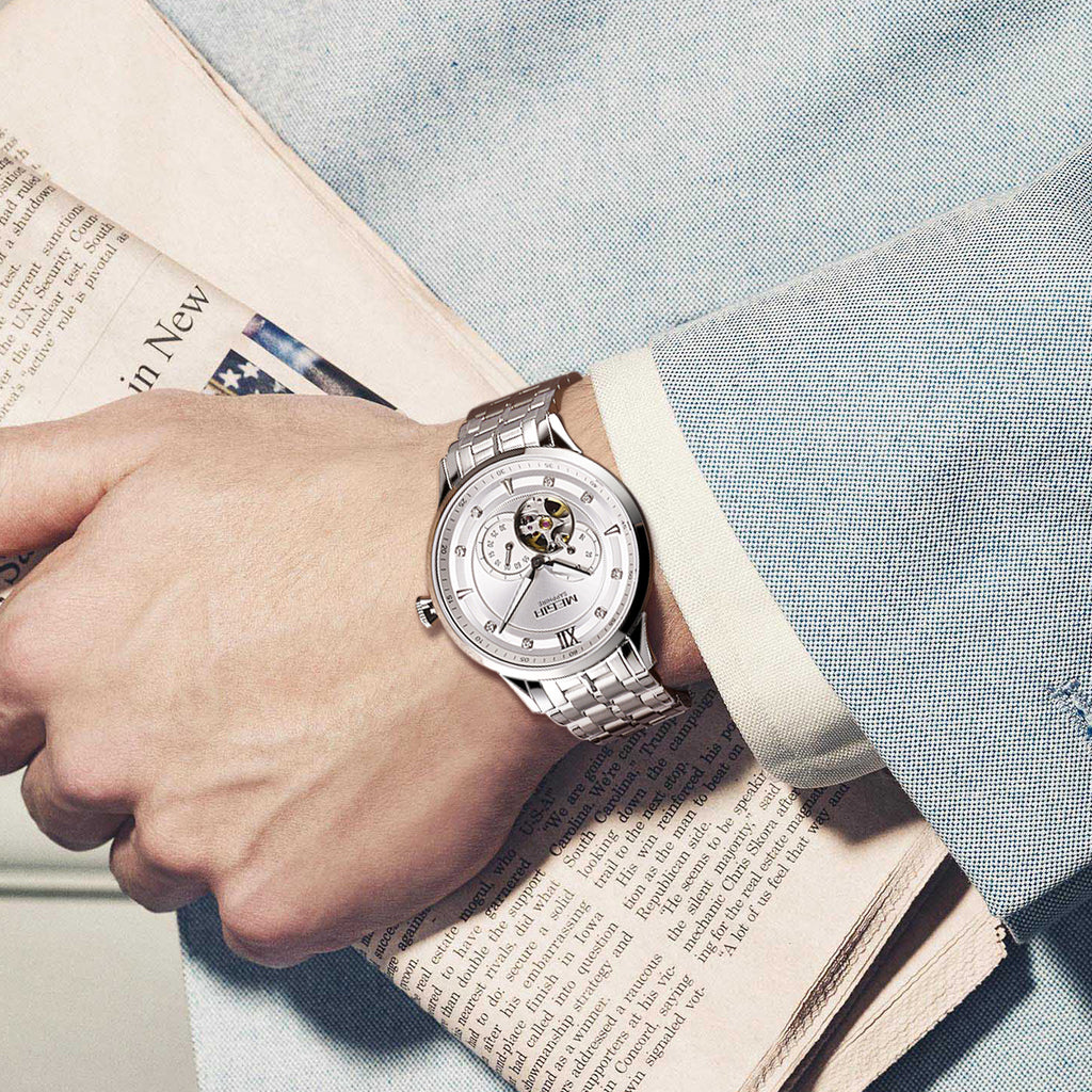 MEGIR Luxury Men Watches Stainless Steel Automatic Mechanical Watch Sapphire Steel Case Business WristWatch Montre Homme 62053