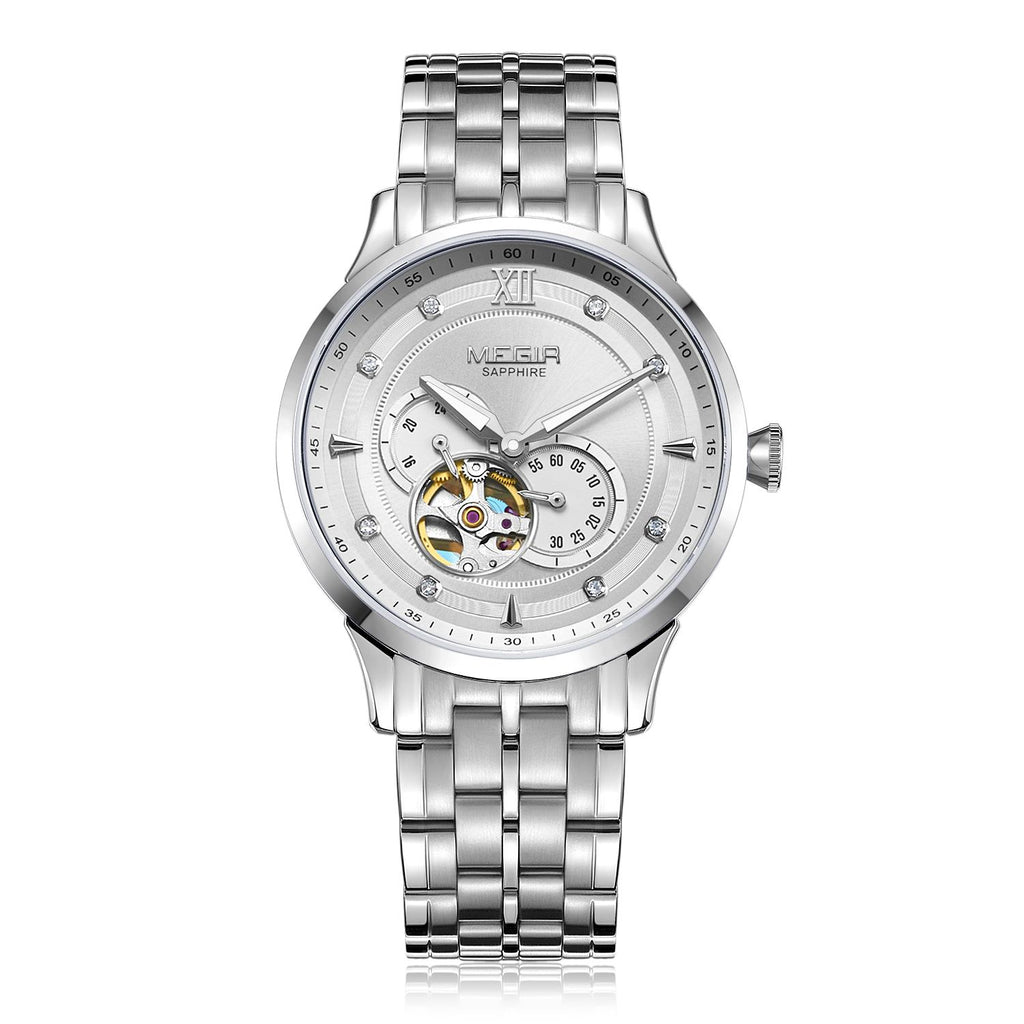 MEGIR Luxury Men Watches Stainless Steel Automatic Mechanical Watch Sapphire Steel Case Business WristWatch Montre Homme 62053