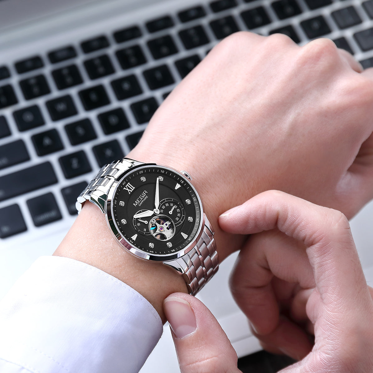 MEGIR Luxury Men Watches Stainless Steel Automatic Mechanical Watch Sapphire Steel Case Business WristWatch Montre Homme 62053