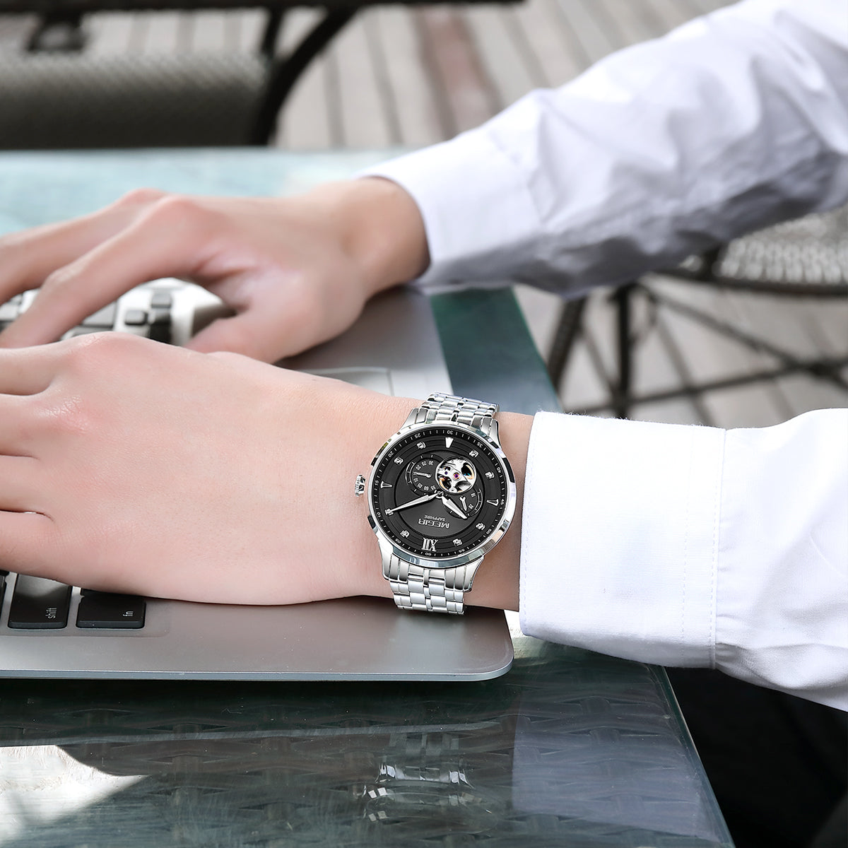 MEGIR Luxury Men Watches Stainless Steel Automatic Mechanical Watch Sapphire Steel Case Business WristWatch Montre Homme 62053