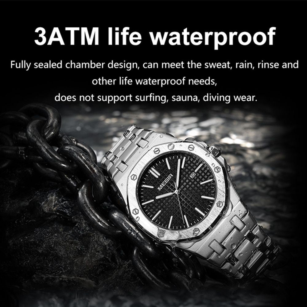 MEGIR Stainless Steel Bracelet Watch for Men Luxury Business Casual Watches Waterproof Calendar Quartz Wristwatch Men Gift Clock 1085-6