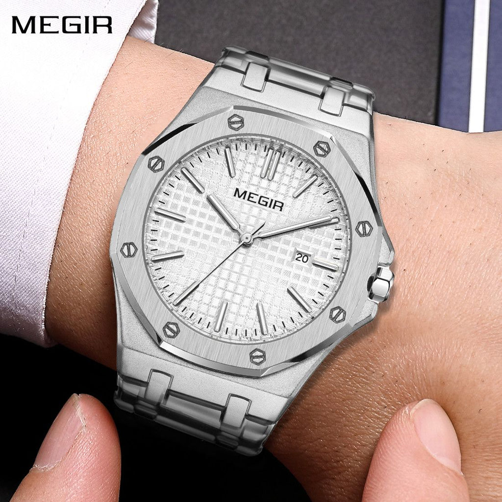 MEGIR Stainless Steel Bracelet Watch for Men Luxury Business Casual Watches Waterproof Calendar Quartz Wristwatch Men Gift Clock 1085-0