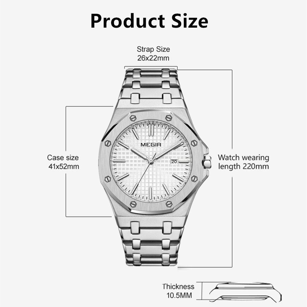 MEGIR Stainless Steel Bracelet Watch for Men Luxury Business Casual Watches Waterproof Calendar Quartz Wristwatch Men Gift Clock 1085-5