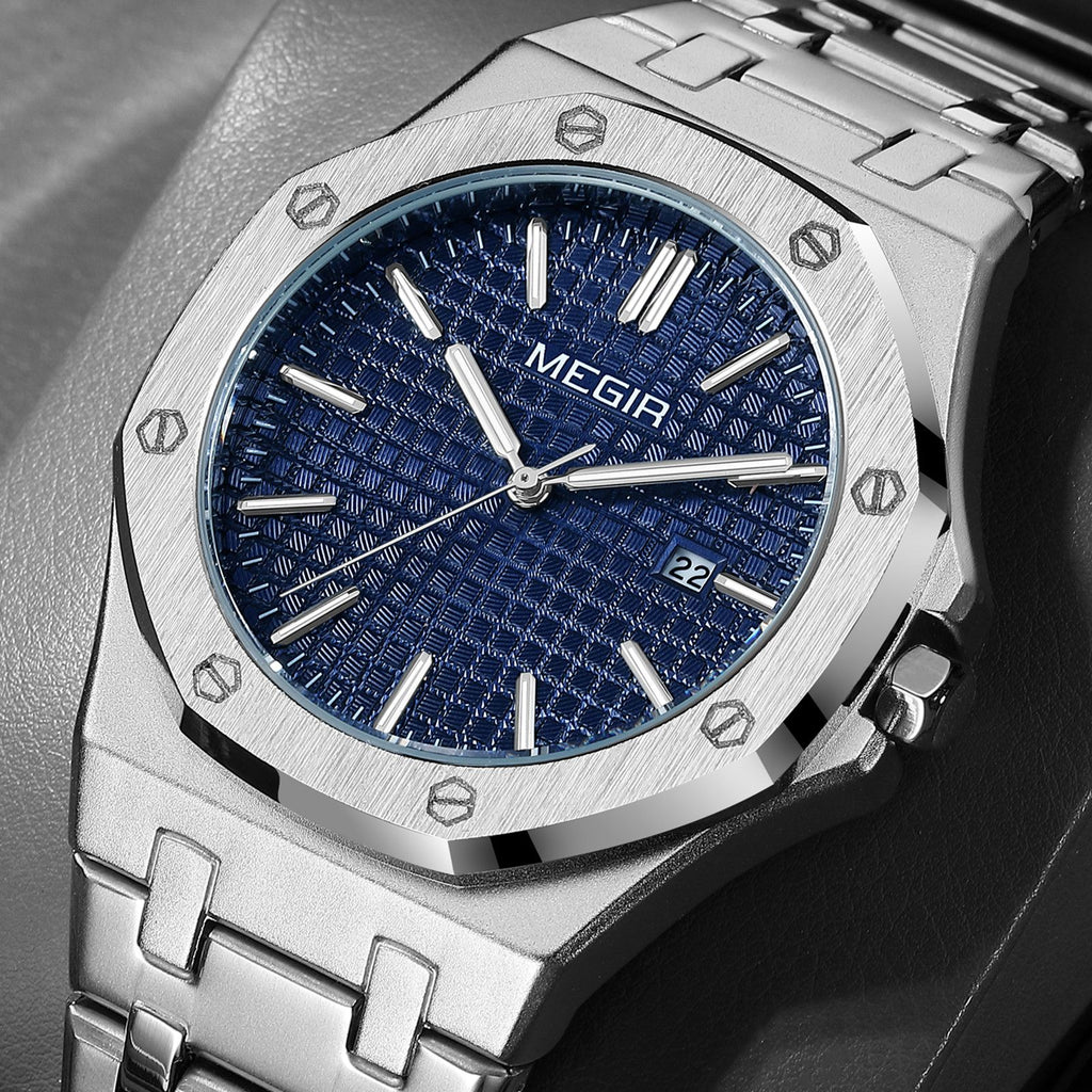 MEGIR Stainless Steel Bracelet Watch for Men Luxury Business Casual Watches Waterproof Calendar Quartz Wristwatch Men Gift Clock 1085-2
