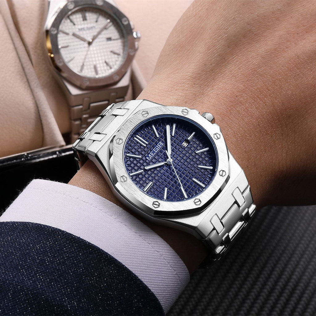 MEGIR Stainless Steel Bracelet Watch for Men Luxury Business Casual Watches Waterproof Calendar Quartz Wristwatch Men Gift Clock 1085-1
