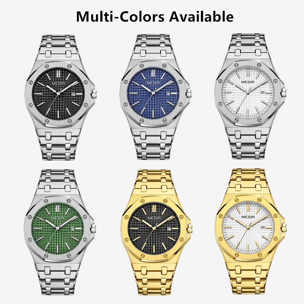 MEGIR Stainless Steel Bracelet Watch for Men Luxury Business Casual Watches Waterproof Calendar Quartz Wristwatch Men Gift Clock 1085-3